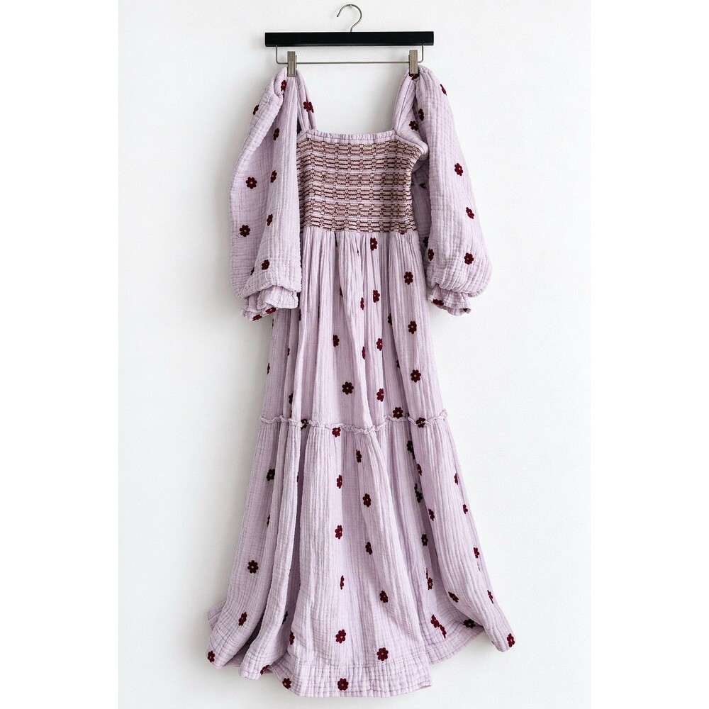 Free People Women’s S Floral Embroidered Smocked Maxi Dress Puff Sleeve Boho